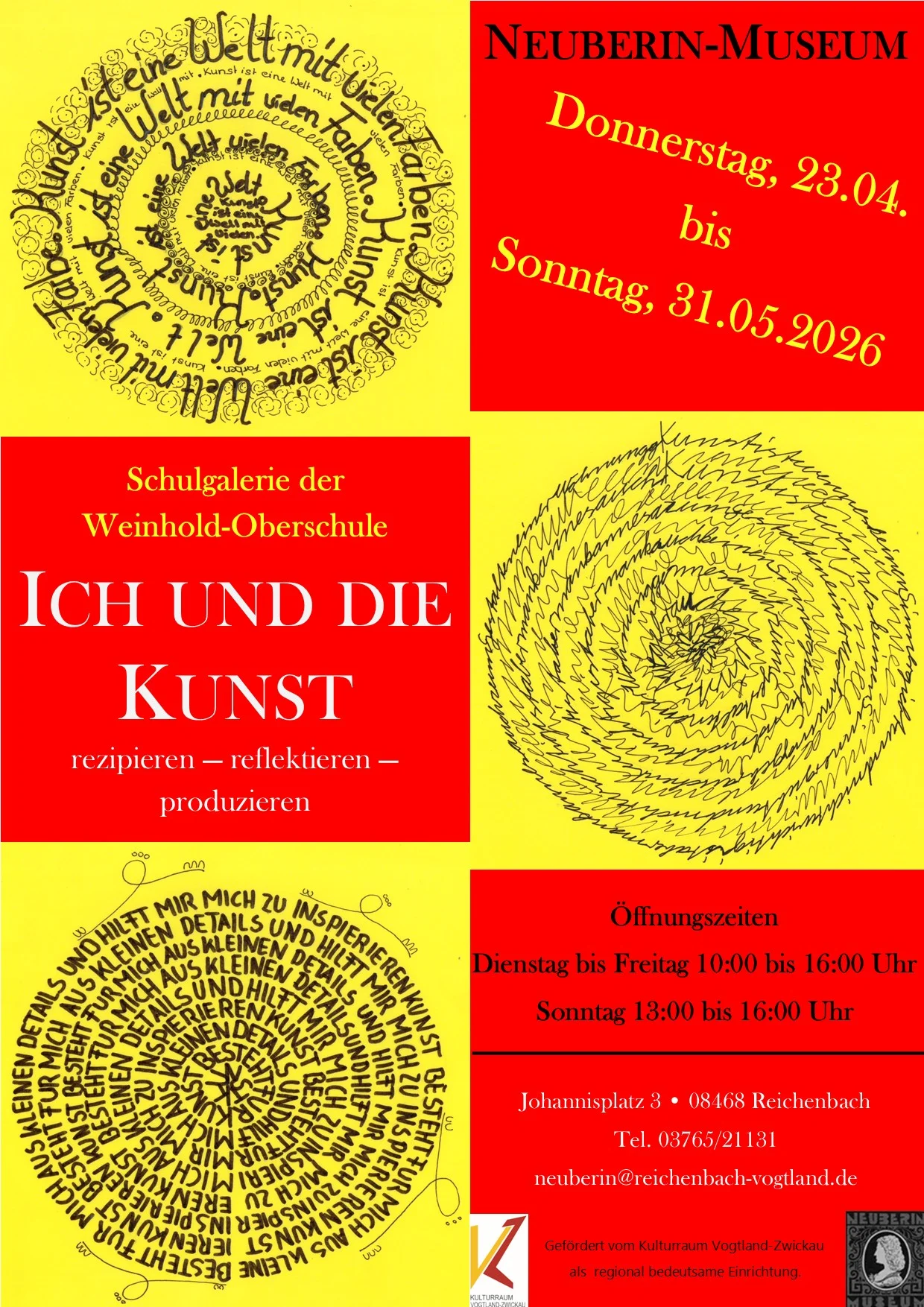 Ausstellungsplakat „Ich und die Kunst. Rezipieren – reflektieren – produzieren“ Plakatmotiv sind drei Grafiken, die jeweils aus in konzentrischen Kreisen gestalteten handschriftlichen Texten bestehen.