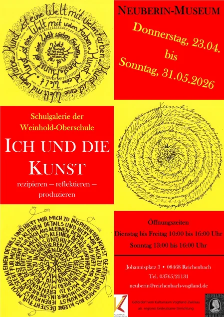 Ausstellungsplakat „Ich und die Kunst. Rezipieren – reflektieren – produzieren“ Plakatmotiv sind drei Grafiken, die jeweils aus in konzentrischen Kreisen gestalteten handschriftlichen Texten bestehen.
