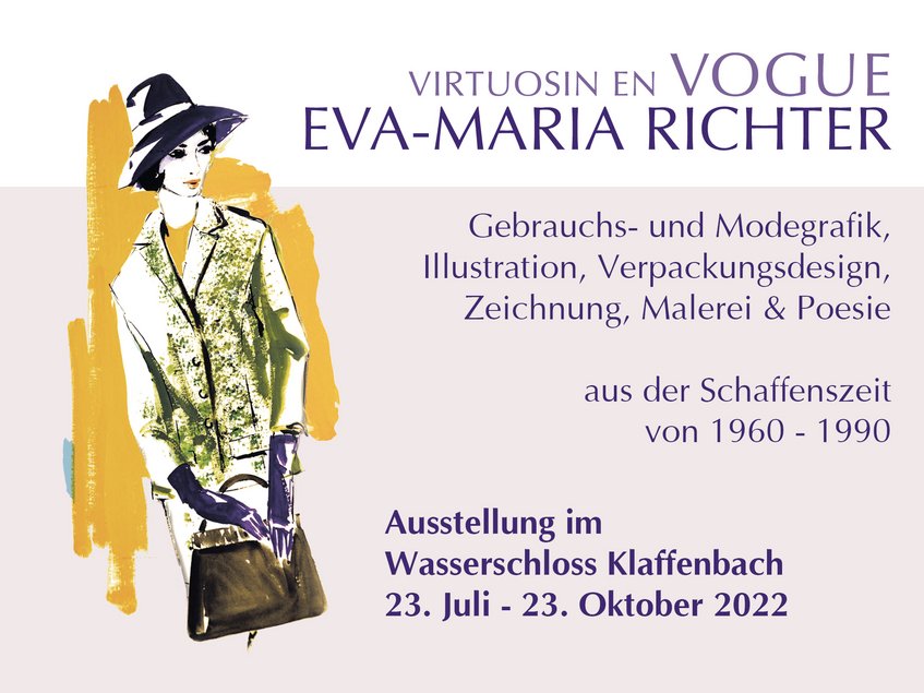DAs Foto zeigt das Ausstellungsplakat mit Ausstellungstitel, -untertitel, -ort und -laufzeit sowie eine Modeillustration im Stil der 1960er Jahre von Eva-Maria Richter.