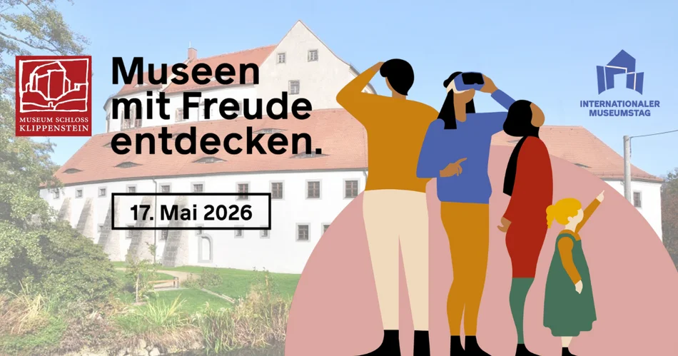 Im Hintergrund Schloss Klippenstein, davor vier stilisierte Personen und der Schriftzug: Museen mit Freude entdecken