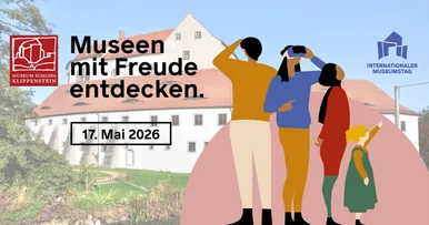 Im Hintergrund Schloss Klippenstein, davor vier stilisierte Personen und der Schriftzug: Museen mit Freude entdecken