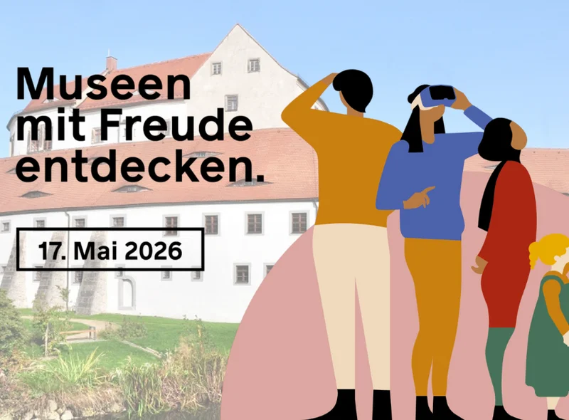 Im Hintergrund Schloss Klippenstein, davor vier stilisierte Personen und der Schriftzug: Museen mit Freude entdecken