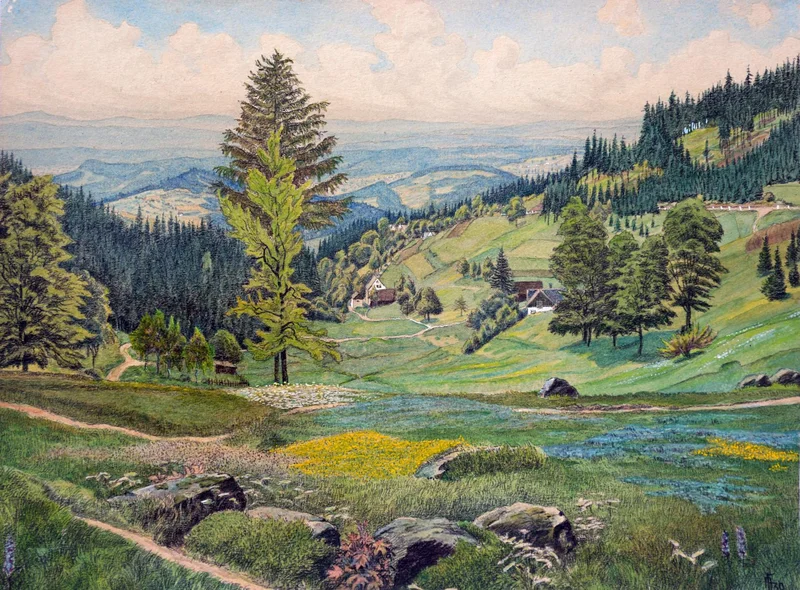 Malerei einer Landschaft im Erzgebirge mit Wiesen, Bäumen und kleinen Häusern