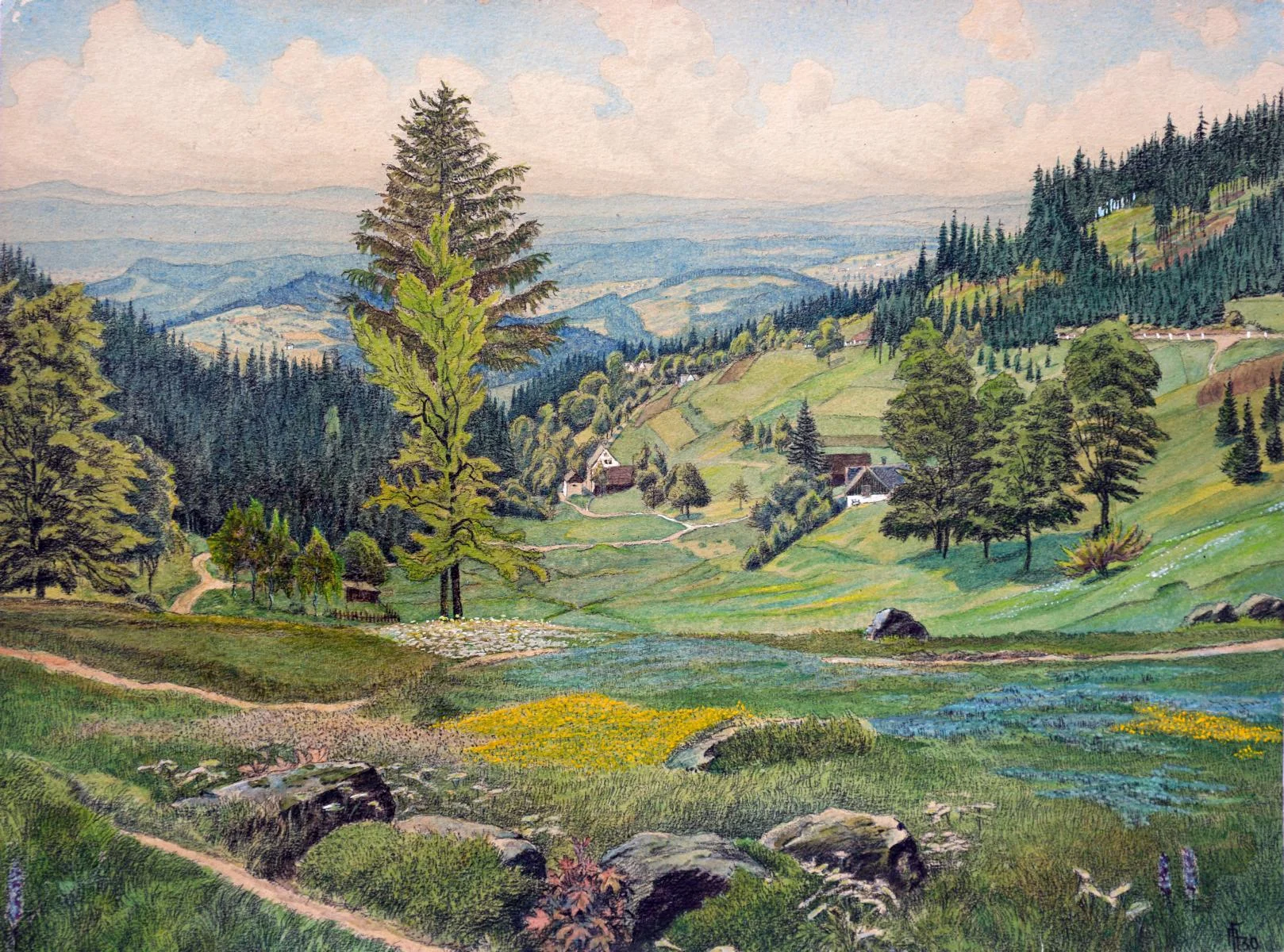 Malerei einer Landschaft im Erzgebirge mit Wiesen, Bäumen und kleinen Häusern