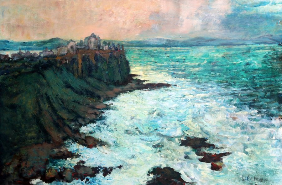 Das Foto zeigt ein Gemälde von Elisabeth Decker, das Erinnerung an Irland heißt und einen schroffen Küstenabschnitt mit tosender Meeresbrandung darstellt.