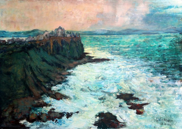 Das Foto zeigt ein Gemälde von Elisabeth Decker, das Erinnerung an Irland heißt und einen schroffen Küstenabschnitt mit tosender Meeresbrandung darstellt.