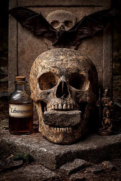 Totenschädel mit Stein zwischen den Zähnen, oben eine Fledermaus. Seitlich je eine Flasche Lebensessenz und eine kleine Figur