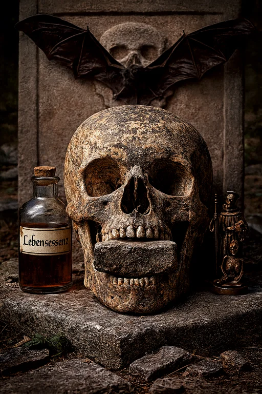 Totenschädel mit Stein zwischen den Zähnen, oben eine Fledermaus. Seitlich je eine Flasche Lebensessenz und eine kleine Figur