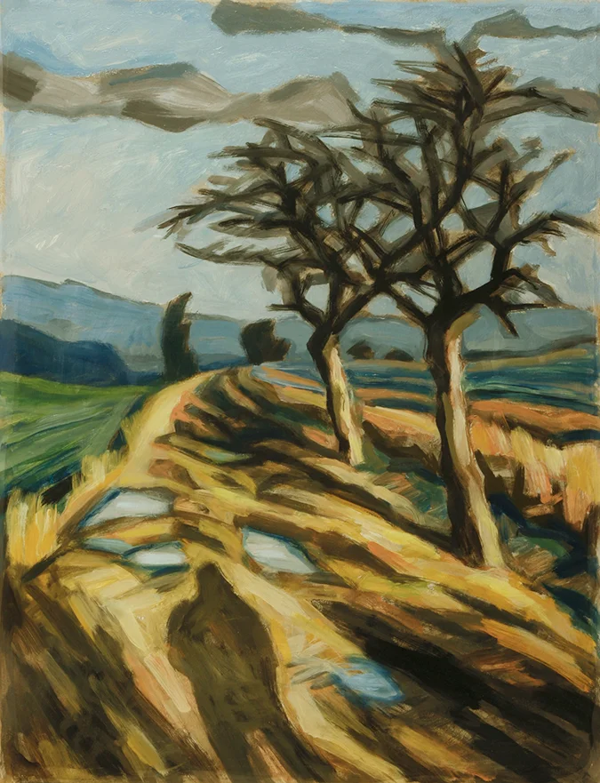 Lutz Jungrichter, „Weg mit Pfützen und Schatten“, 2023, Acryl auf Papier Ein Feldweg mit Pfützen im Herbst, zwei Kahle Bäume am Wegrand, ein Personenschatten auf dem Weg