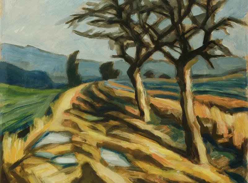 Ein Feldweg mit Pfützen im Herbst, zwei Kahle Bäume am Wegrand, ein Personenschatten auf dem Weg