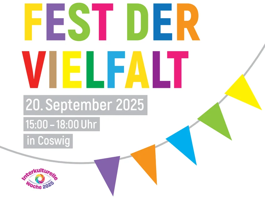 Schriftzug "Fest der Vielfalt in Coswig" mit Girlande und Datum 20.9.2025