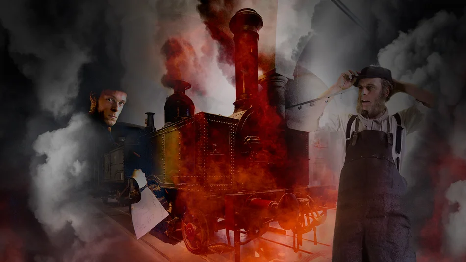 DIe Industrialisierung am Beispiel des Schienenverkehrs Zwei in Arbeiterkleidung des 19. Jahrhunderts gekleidete Männer stehen vor einer dampfenden Lokomotive.