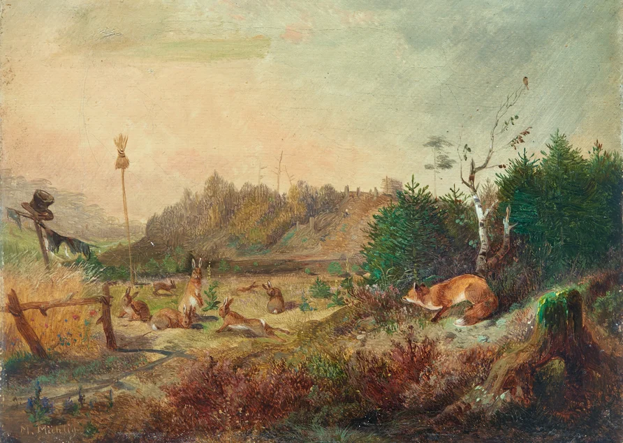 Gemälde einer Landschaftsszene, in der ein aus den Büschen hervorschauender Fuchs einer Gruppe Hasen auflauert.