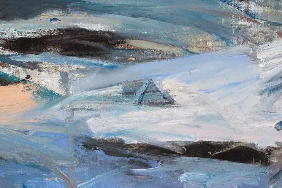 In groben Pinselstrichen gemalte Winterlandschaft mit Hügeln und zugeschneitem Häusergiebel