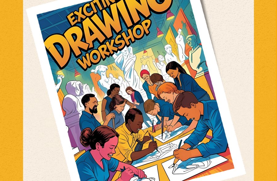 Bunte, Comic-hafte Zeichnung mehrerer Personen, die an einem Tisch auf Papierblätter zeichnen. Darüber steht Cartoon-artig in englischen Großbuchstaben: "Exciting Drawing Workshop".