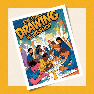 Zeichenchallenge Bunte, Comic-hafte Zeichnung mehrerer Personen, die an einem Tisch auf Papierblätter zeichnen. Darüber steht Cartoon-artig in englischen Großbuchstaben: "Exciting Drawing Workshop".