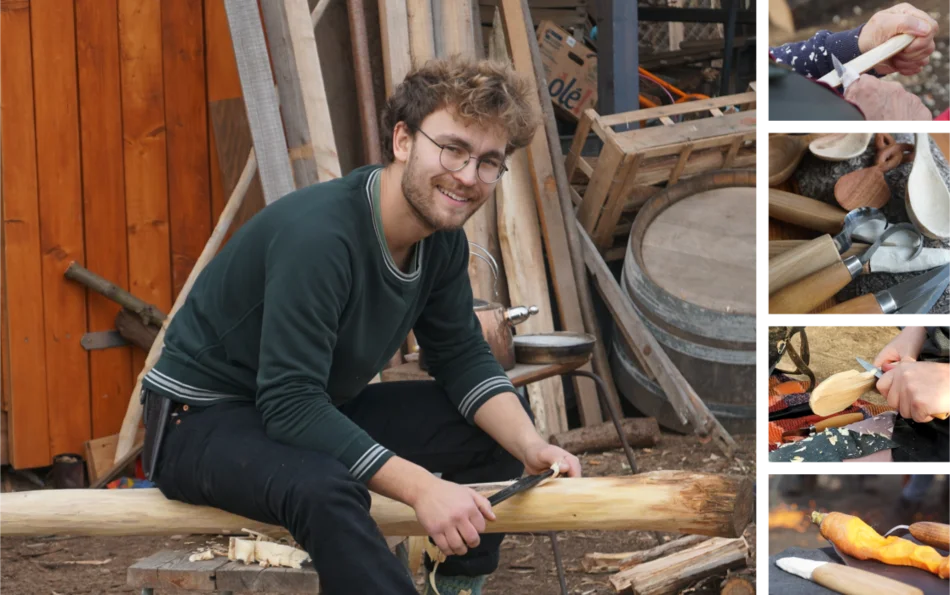 Ein junger Mann sitzt schnitzend auf einem Baumstamm, daneben vier kleinere Detailfotos zum Schnitzen eines Holzlöffels