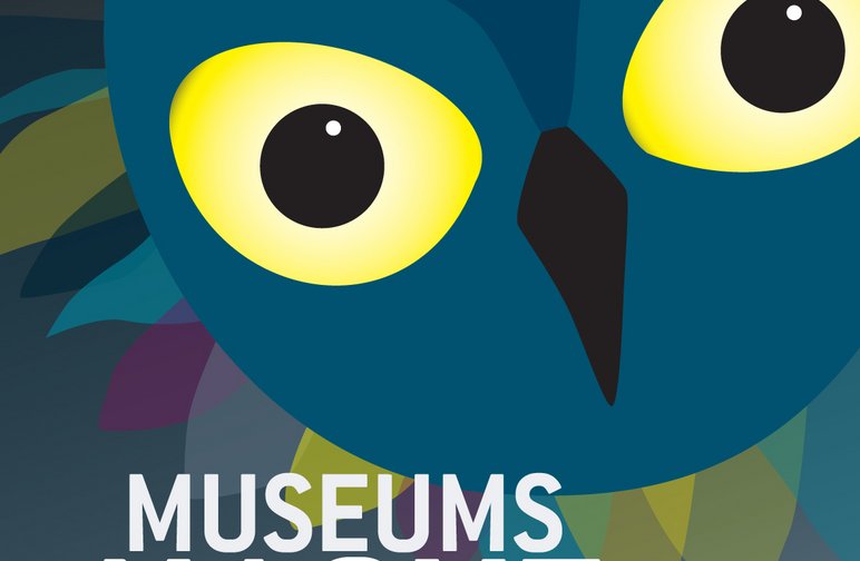 Die Eule – das Maskottchen der Museumsnacht Dresden – weist auf die am 8. Juli 2023 stattfindende Museumsnacht hin.