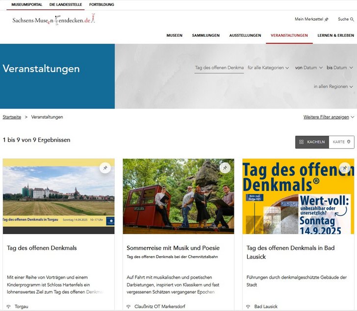 Nachdem im Suchschlitz die Worte "Tag des offenen Denkmals" eingegeben wurden, gibt die Ergebniszeile an, dass 6 Ergebnisse gefunden wurden. Daneben sind diverse Filterschaltflächen, mithilfe derer nach Kategorie, Datum, Regionen und Zielgruppe gefiltert werden kann.