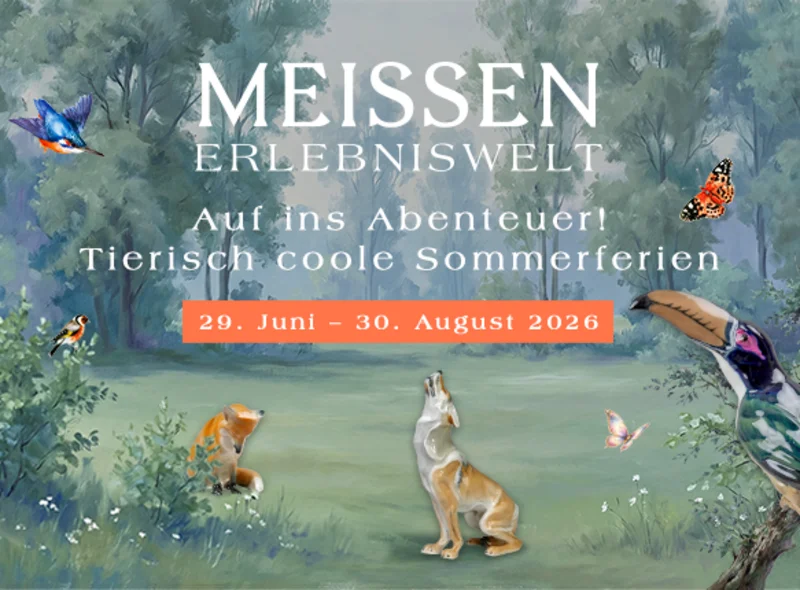 Werbeplakat fürs Sommerferienprogramm in der Erlebniswelt Meissen. Motiv ist ein gemaltes Bild mit unterschiedlichen Tieren.