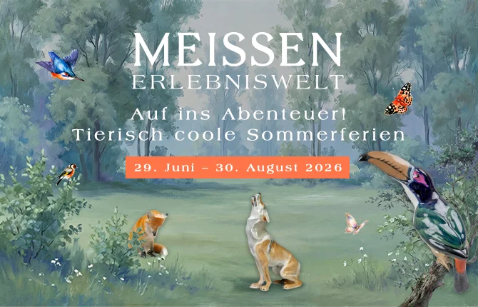 Werbeplakat fürs Sommerferienprogramm in der Erlebniswelt Meissen. Motiv ist ein gemaltes Bild mit unterschiedlichen Tieren.
