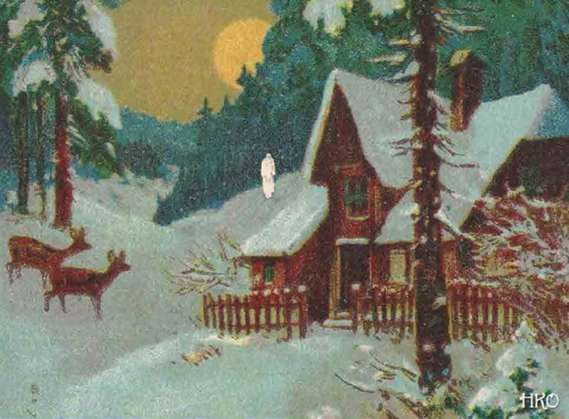 Gemälde einer schneebedeckten Waldlandschaft mit einer Holzhütte und einer aus dem Wald heraustretenden weißen Figur
