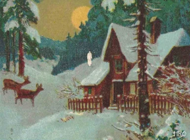Gemälde einer schneebedeckten Waldlandschaft mit einer Holzhütte und einer aus dem Wald heraustretenden weißen Figur