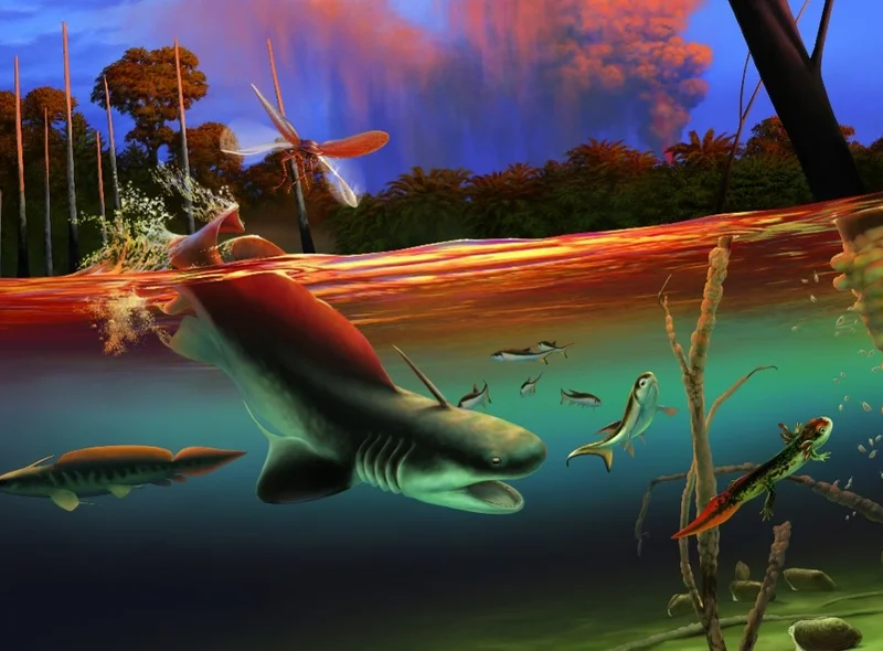 Veranschaulichung einer Urzeit-Unterwasserwelt mit einem riesigen Hai und mehreren kleinen Haien und Lurchen