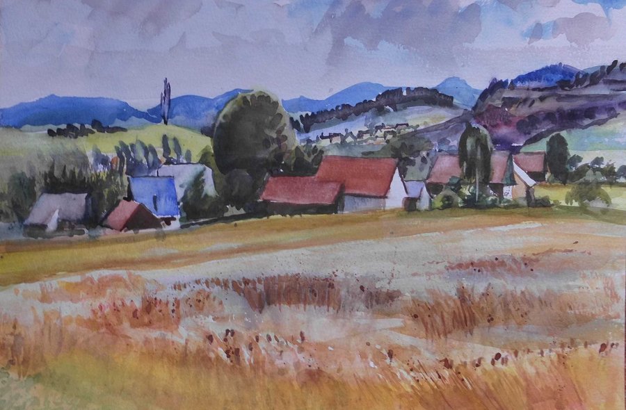 Gemälde einer hügeligen Landschaft mit einem Getreidefeld im Vordergrund, von dem der Blick über eine dörfliche Ansiedlung zu den Bergkuppen am Horizont geht