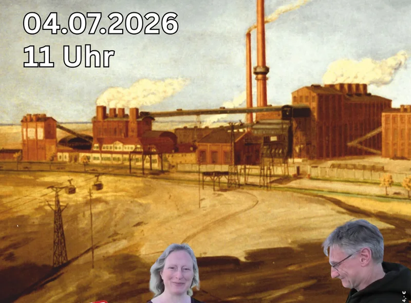 Plakatmotiv für die Kohlespuren-Tour ist eine Collage mit einem Mann und einer Frau vor einer historischen Fabrik in Borna.