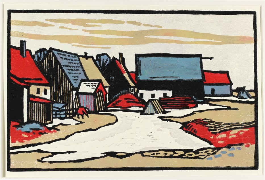 Farbige Druckgrafik einer Dorfansicht mit eng beeinander stehenden, gedrungen wirkenden Häusern, zentral im Vordergrund bedecken Schneereste den Boden.