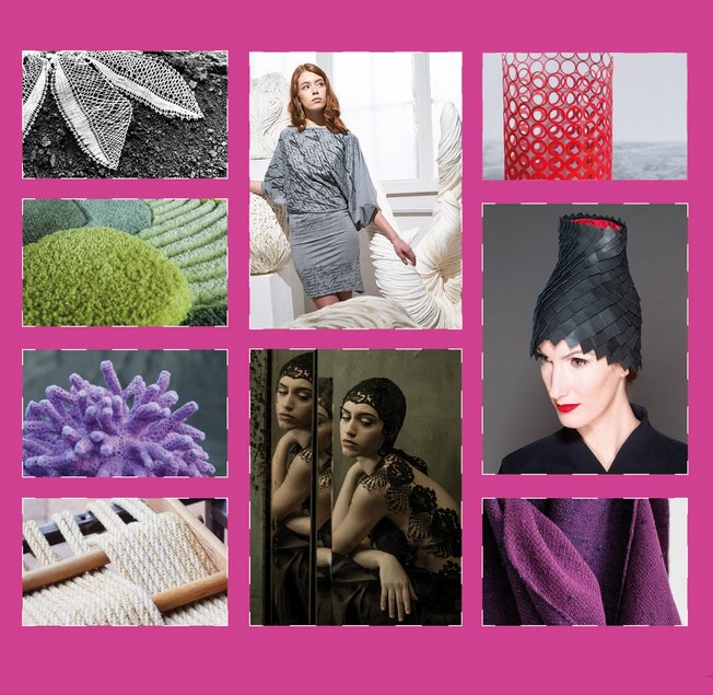 Fotos von acht textilen Modellen, die in der Ausstellung zu sehen sind