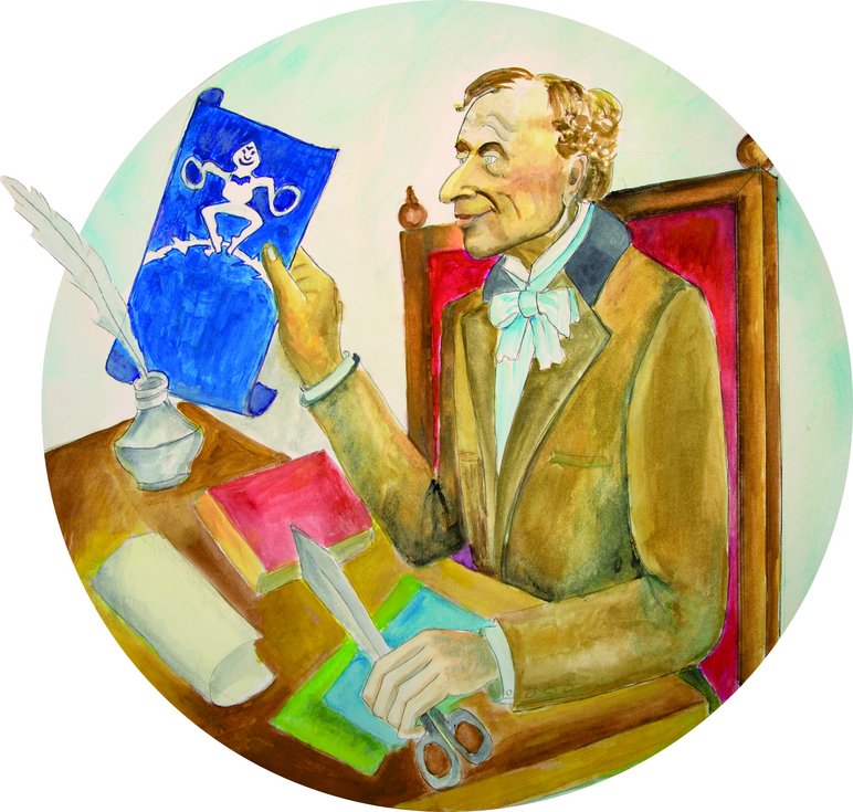 Der Märchendichter Hans Christian Andersen gezeichnet als Scherenschnitt-Künstler