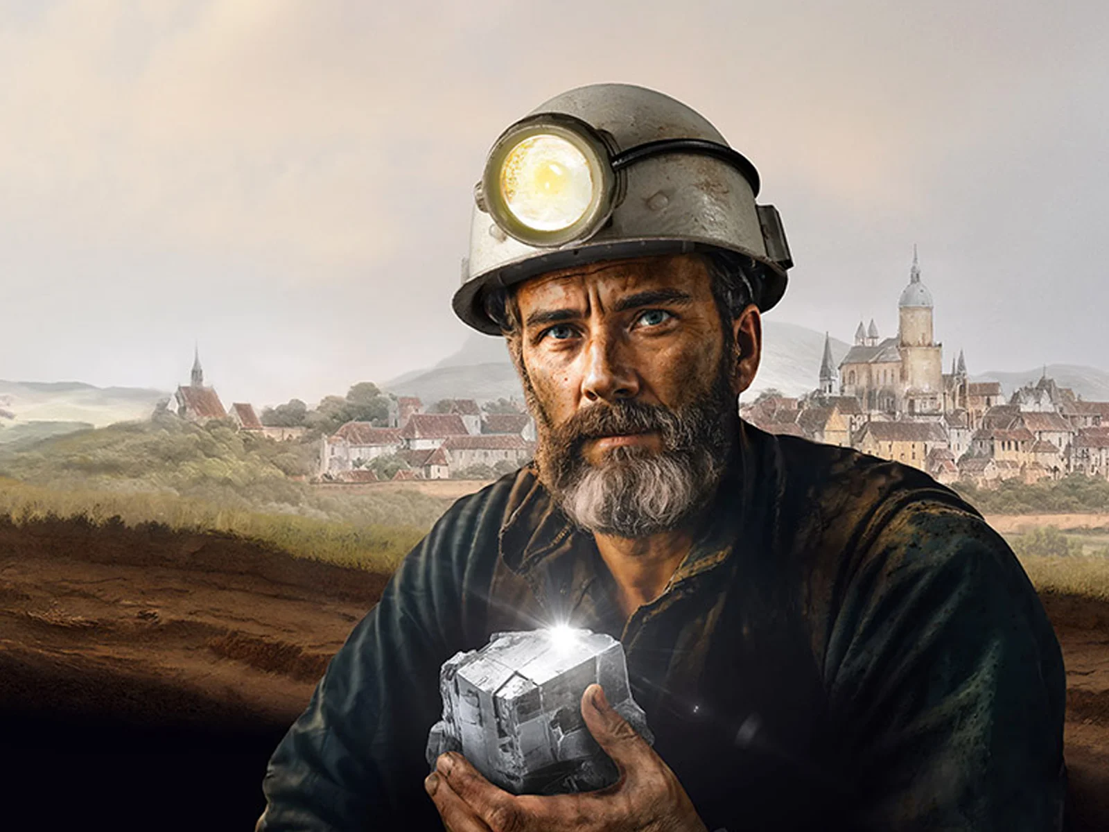 Das Bild zeigt einen Bergmann, der einen Helm mit einer Stirnlampe trägt und ein Stück Metall in den Händen hält.