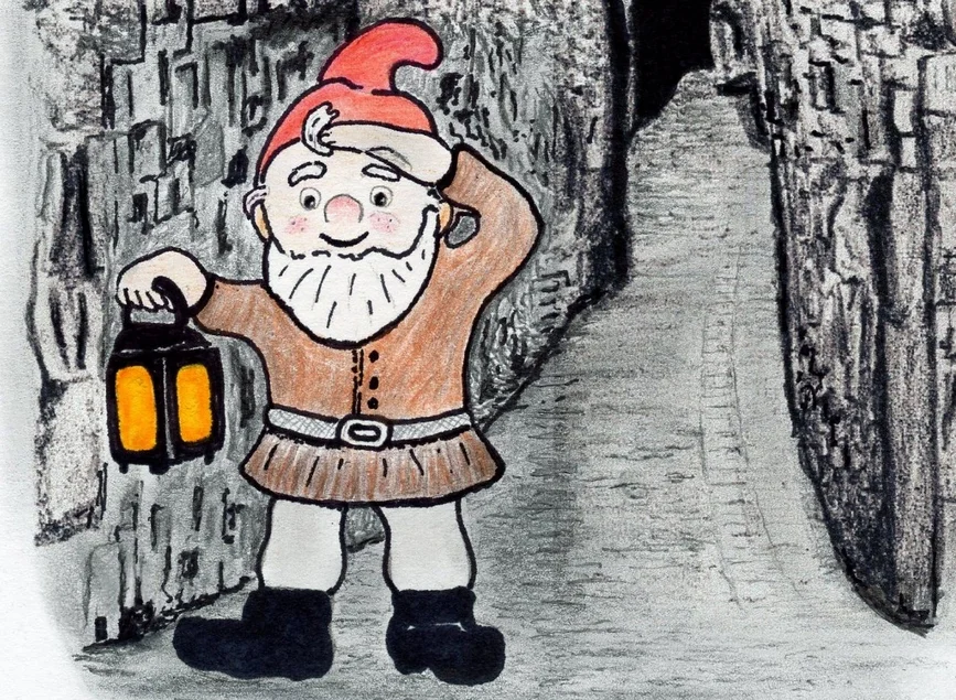 Bergzwerg im Besucherbergwerk „Im Gößner“ Die Zeichnung zeigt den Bergzwerg im Besucherbergwerk „Im Gößner“, mit roter Zipfelmütze und gelb scheinender Laterne.