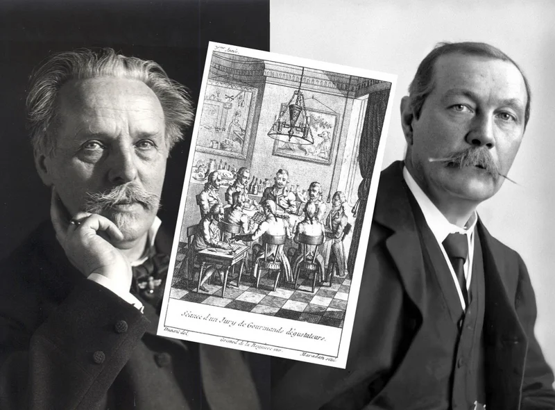 Fotos der Schriftsteller Karl May und Arthur Conan Doyle, dazwischen die historische Darstellung einer Seance