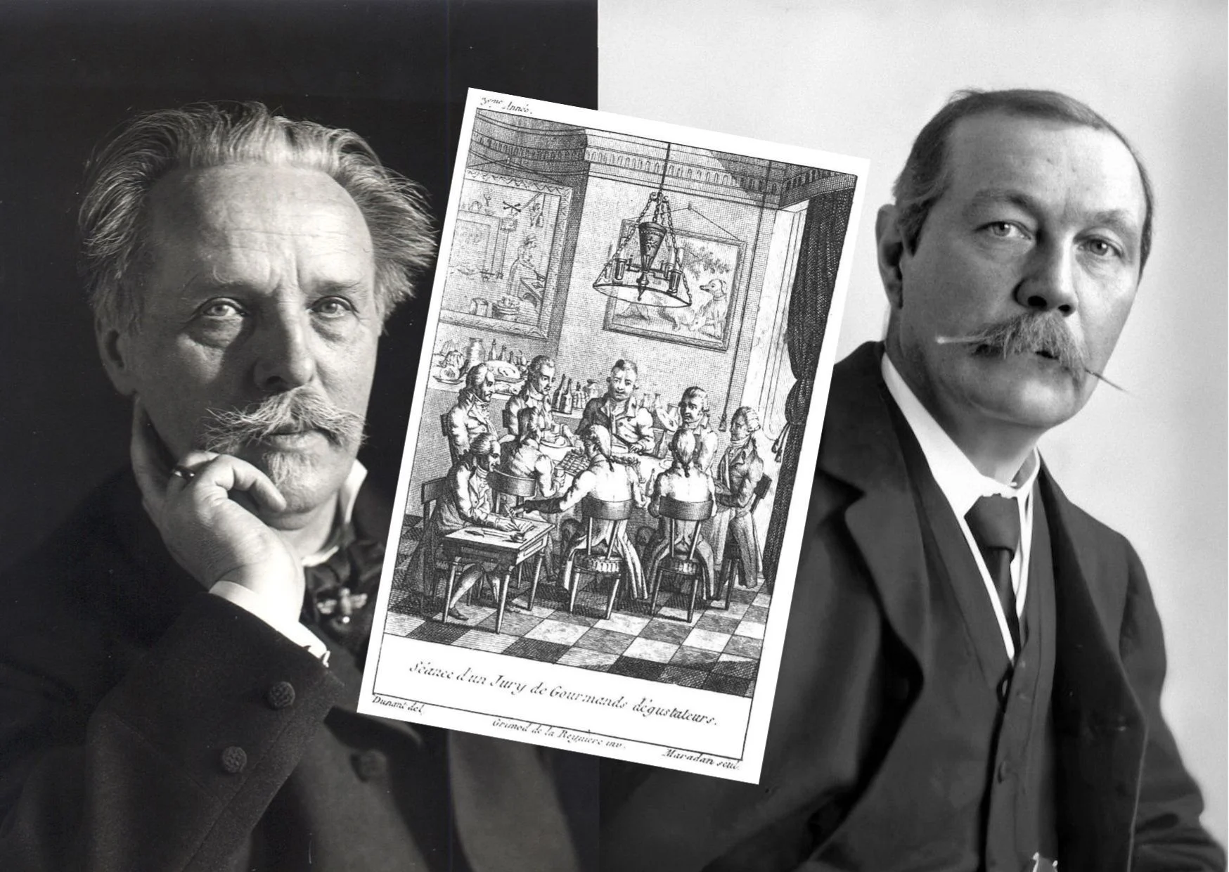 Karl May und Arthur Conan Doyle Fotos der Schriftsteller Karl May und Arthur Conan Doyle, dazwischen die historische Darstellung einer Seance