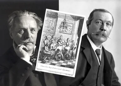 Karl May und Arthur Conan Doyle Fotos der Schriftsteller Karl May und Arthur Conan Doyle, dazwischen die historische Darstellung einer Seance