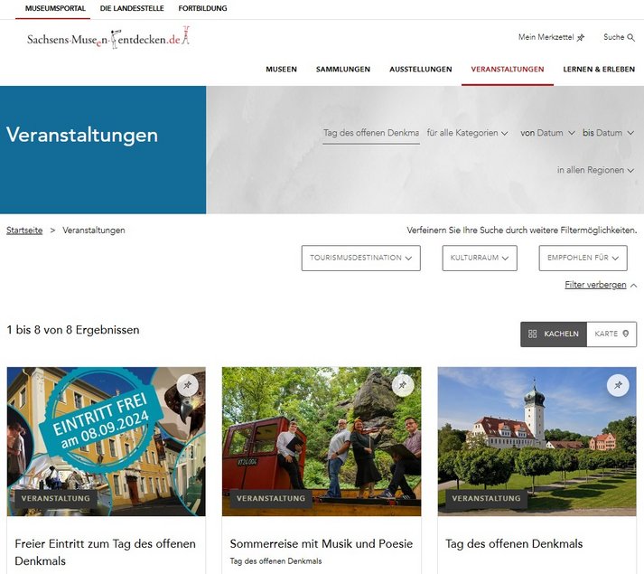 Nachdem im Suchschlitz die Worte "Tag des offenen Denkmals" eingegeben wurden, gibt die Ergebniszeile an, dass 6 Ergebnisse gefunden wurden. Daneben sind diverse Filterschaltflächen, mithilfe derer nach Kategorie, Datum, Regionen und Zielgruppe gefiltert werden kann.