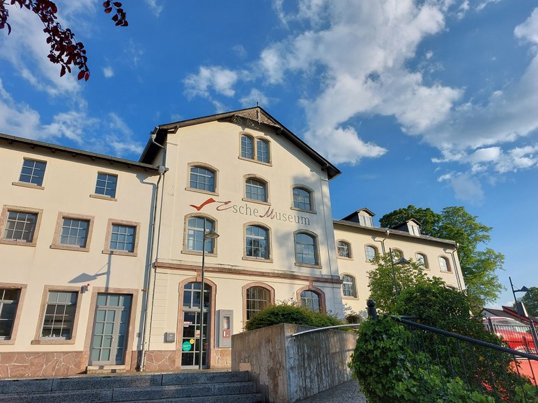 Das Foto zeigt eine sommerliche Außenansicht des Esche-Museums in Limbach-Oberfrohna, welches sich in einem im 19. Jahrhundert errichteten Gebäude der ehemaligen Wirkerei der Familie Esche befindet.
