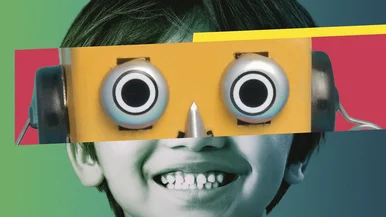 Collage eines Kindes mit Roboter-Augen