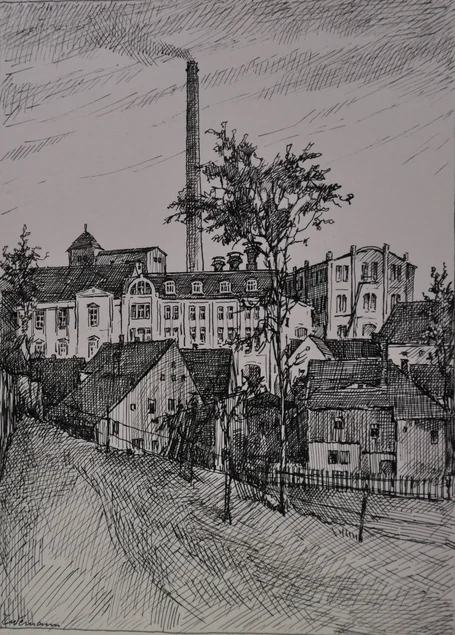 Schwarzweiß-Grafik eines historischen Industriebetriebes mit hohem, rauchenden Schornstein