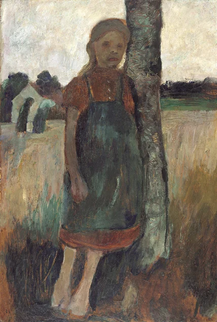 Paula Modersohn-Becker, „Mädchen an Birkenstamm gelehnt vor Landschaft“, um 1902 Das Gemälde zeigt ein an einem Feldrand stehendes, an einen Baumstamm gelehntes Mädchen, im Hintergrund ist ein Bauernhof erkennbar.