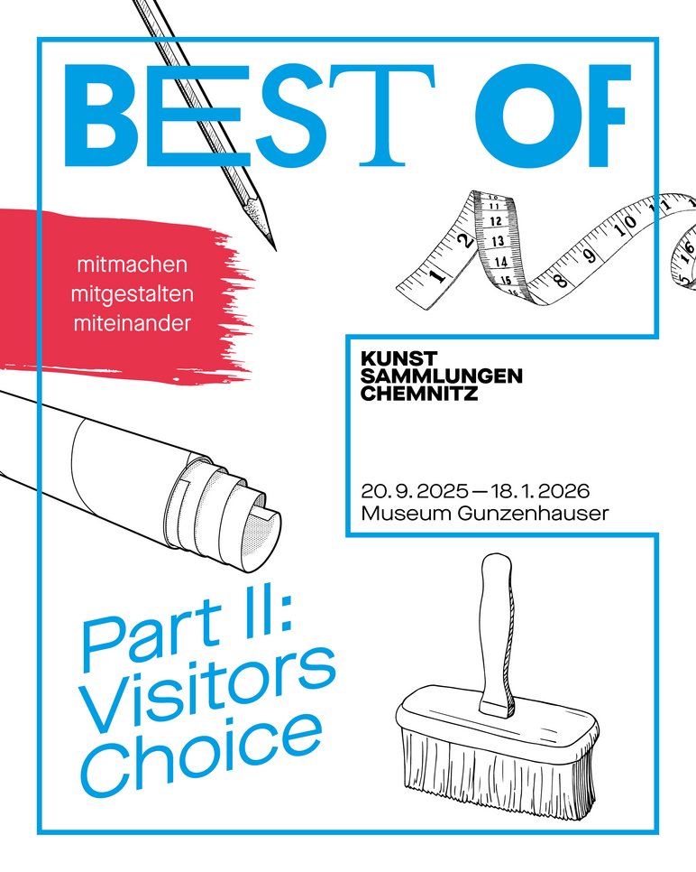 Mit einfachen Mitteln gestaltetes Plakat. Zwischen dem Ausstellungstitel "Best of Part 2: Visitors’ Choice" und den Worten "mitmachen, mitgestalten, miteinander" sind Schwarzweißzeichnungen eines Bleistifts, eines Maßbands, einer Papierrolle und eines Besens abgebildet.