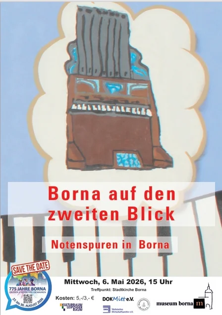 Veranstaltungsflyer Motiv ist die Zeichnung eines Klavieres, darunter der Schriftzug "Borna auf den zweiten Blick. Notenspur Borna".