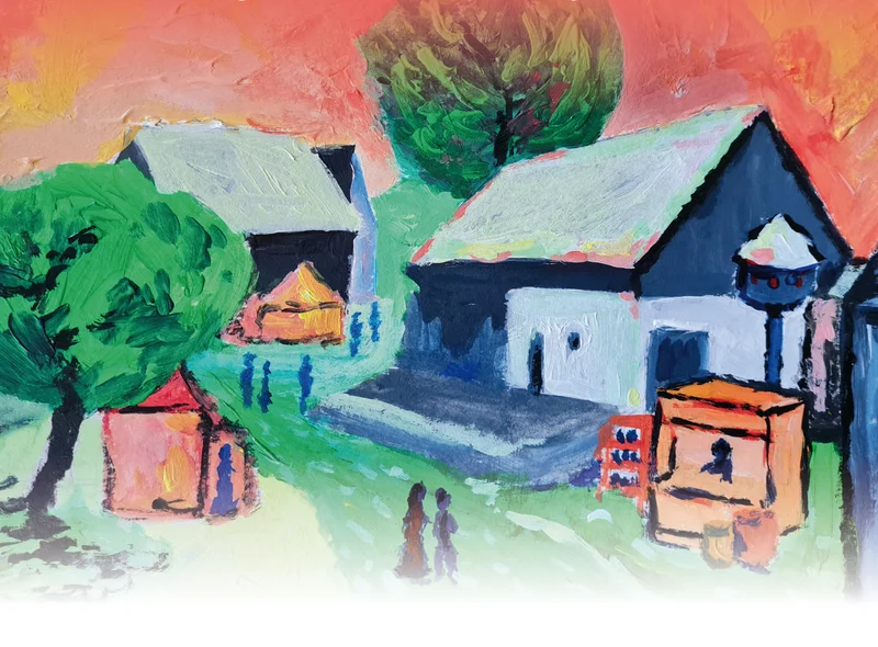 Motiv des Veranstaltungsplakats ist eine Zeichnung des Museumshofes mit Marktständen.