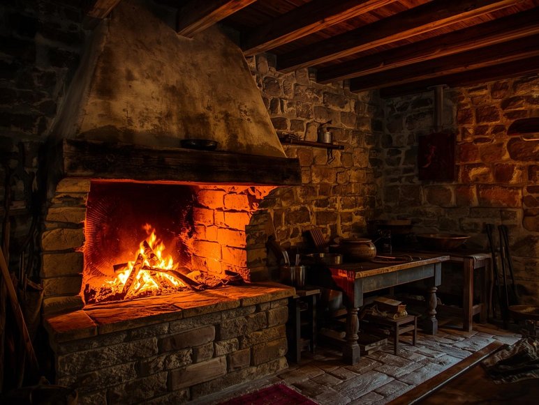 Einblick in einen dunklen kargen Küchenraum mit Feuer im Kamin