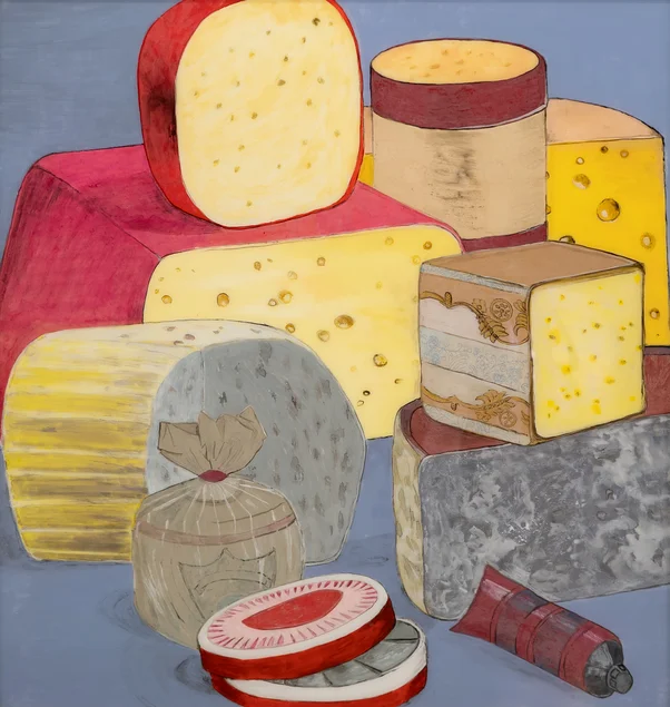 Jan Kummer, „Käse“, 2024, Eglomisierung, Privatbesitz Courtesy: the artist Zeitgenössische Hinterglasmalerei verschiedener wie in einer Verkaufstheke präsentierter, angeschnittener Käsestücke