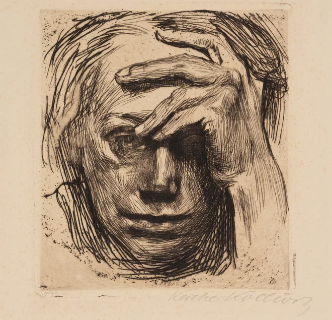 Käthe Kollwitz: Selbstbildnis mit der Hand an der Stirn, 1910, Radierung, Kunstsammlungen Chemnitz In schwarzen Strichen ausgeführte Grafik eines traurig und nachdenklich blickenden, fast männlich wirkenden Frauengesichts