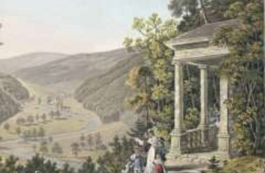 Weihnachten mit Lord Findlater und Thomas Mann Gemälde einer hügeligen Landschaft mit klassizistischem Pavillon, vor dem zwei oder drei Menschen stehen